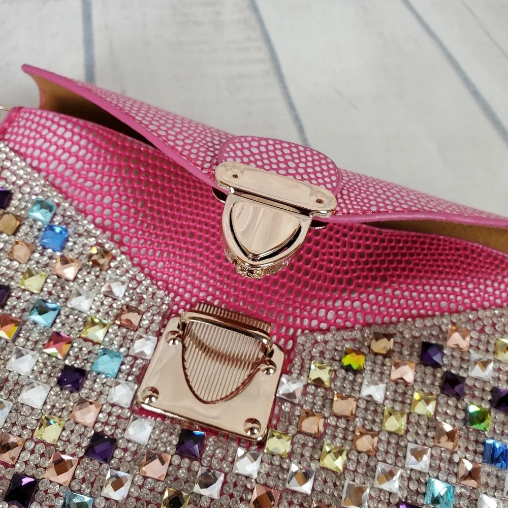 Rhinestone Embellished Crossbody Bag Pink Reptile Envelope Style Barbiecore - Picture 4 of 16